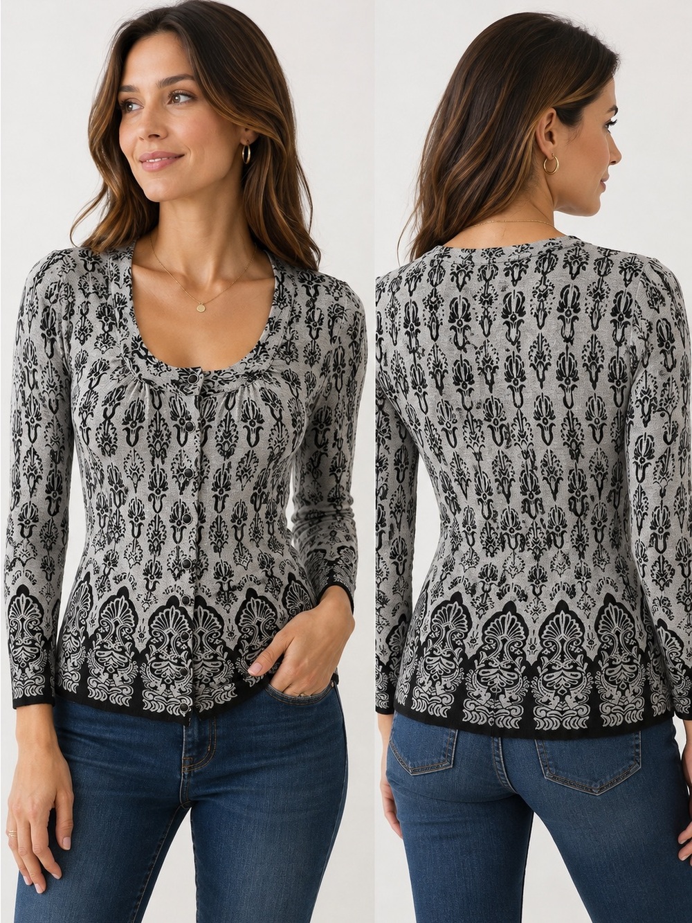 Charlotte Tarantola 100% Cotton Black Gray Damask Print Cardigan Sweater Sz M